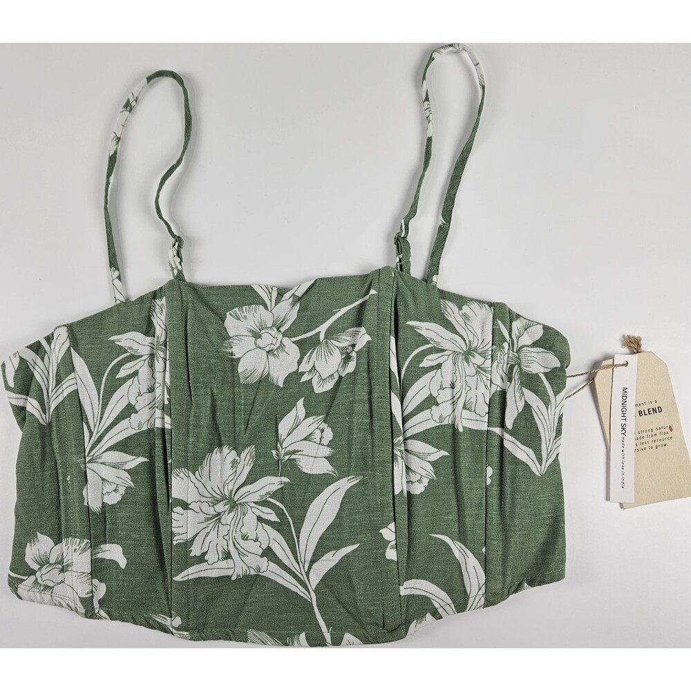 Midnight Sky Linen Blend Floral Corset Crop Top Green White Size L NWT Cami